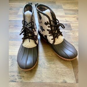 Cow print duck boots